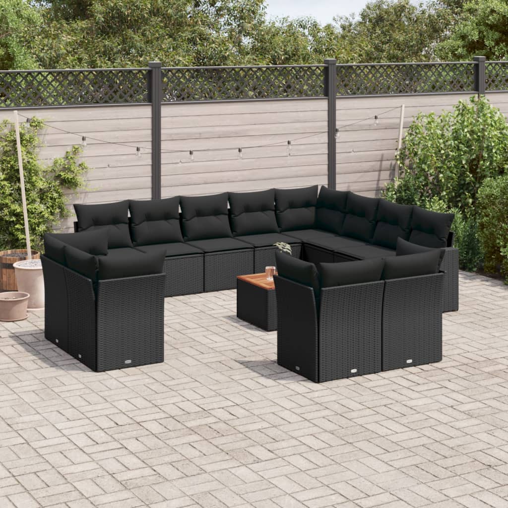 13-tlg. Garten-Sofagarnitur mit Kissen Schwarz Poly Rattan