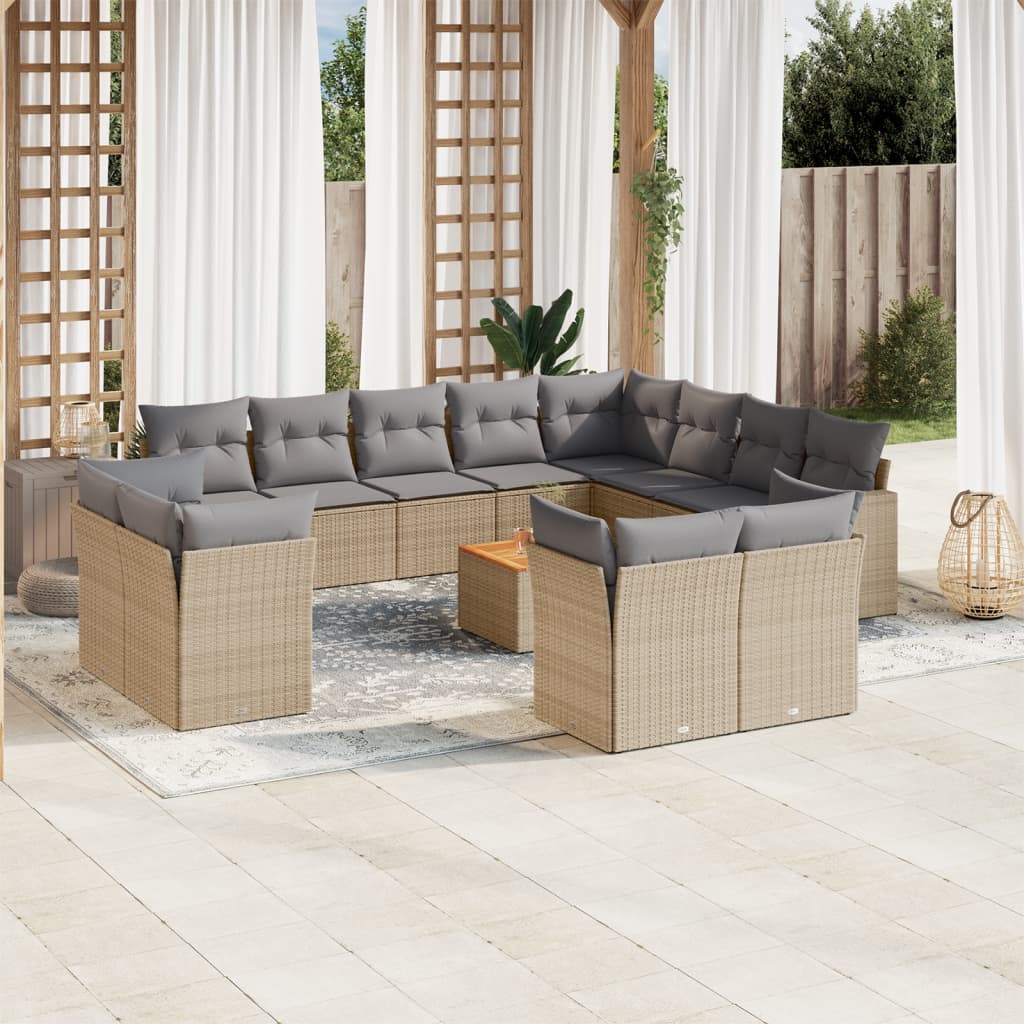 13-tlg. Garten-Sofagarnitur mit Kissen Beige Poly Rattan