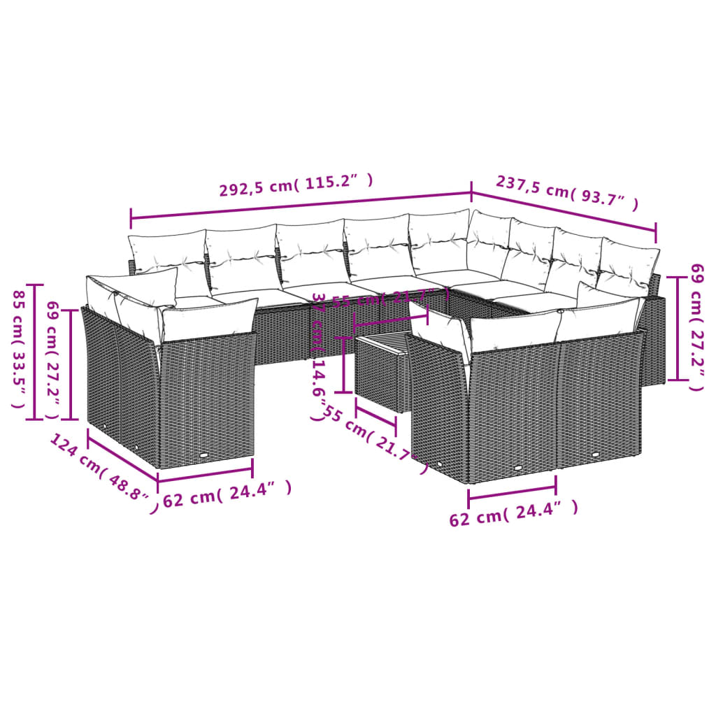 Set mobilier de grădină cu perne, 13 piese, gri, poliratan 3223953 - imagine 3