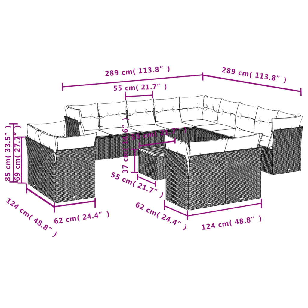 Set mobilier de grădină cu perne, 14 piese, negru, poliratan 3223955 - imagine 3