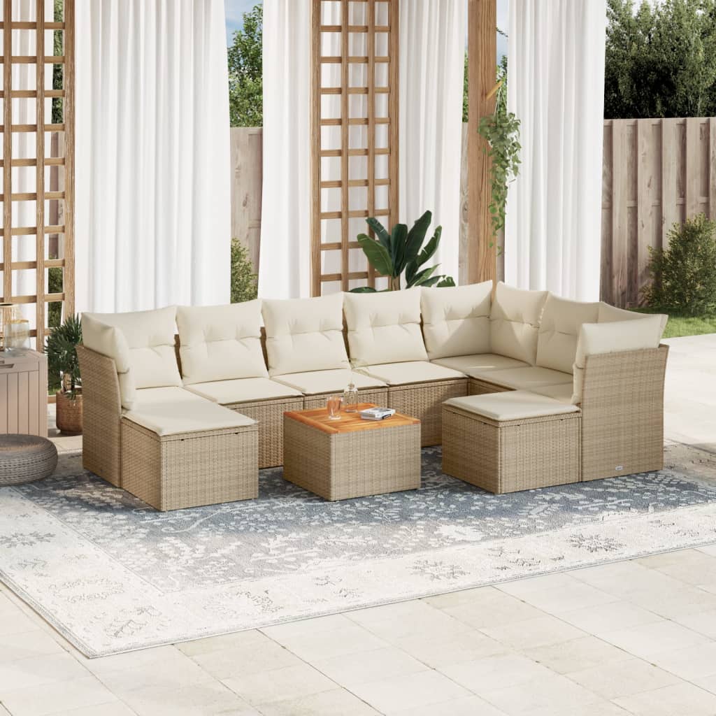 vidaXL 10-tlg. Garten-Sofagarnitur mit Kissen Beige Poly Rattan