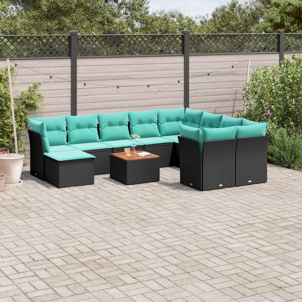 11 Piece Patio Sofa Set with Cushions Black Poly Rattan