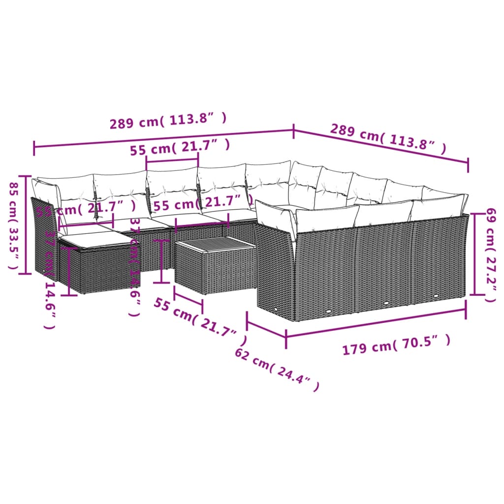 Set mobilier de grădină cu perne, 13 piese, negru, poliratan 3223983 - imagine 3