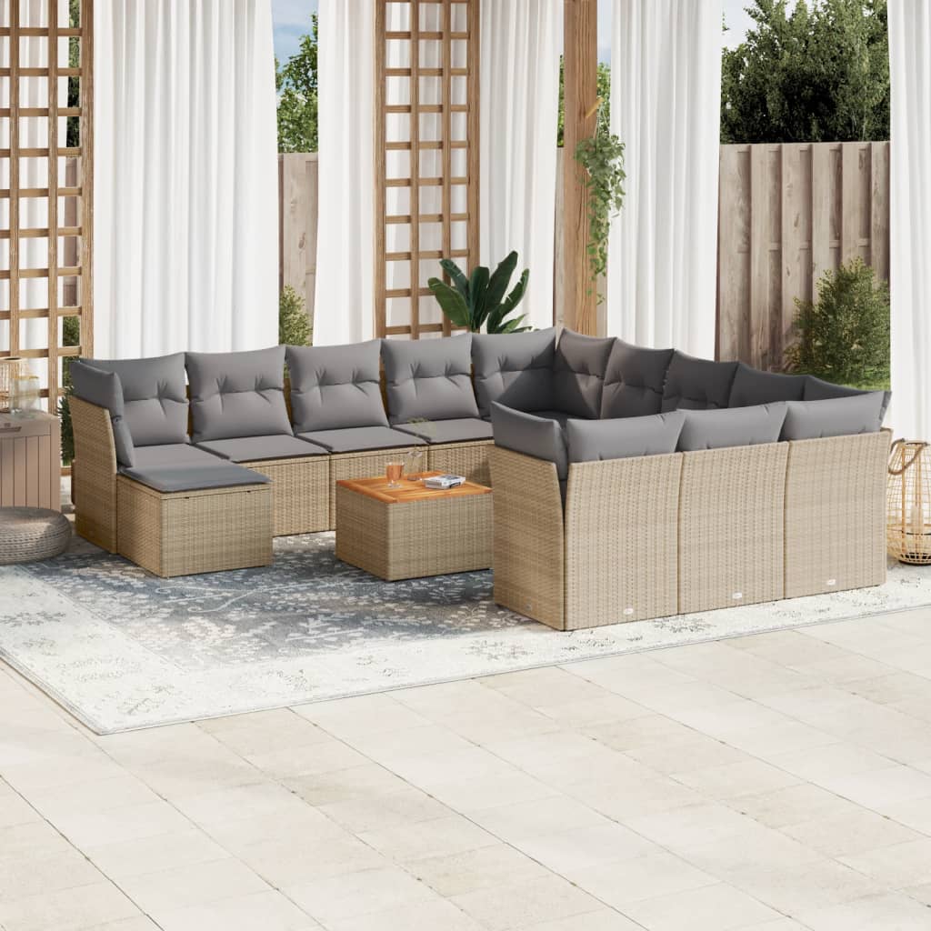 vidaXL 13-tlg. Garten-Sofagarnitur mit Kissen Beige Poly Rattan