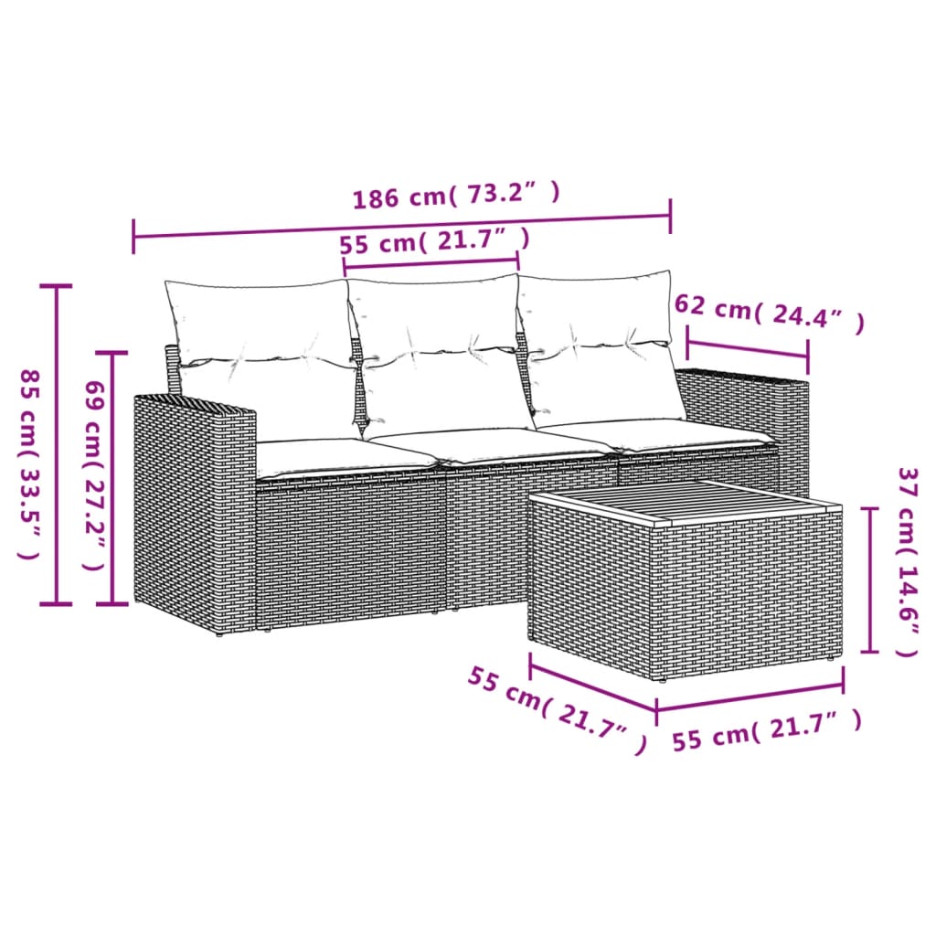 vidaXL 4-delige Loungeset met kussens poly rattan zwart afbeelding