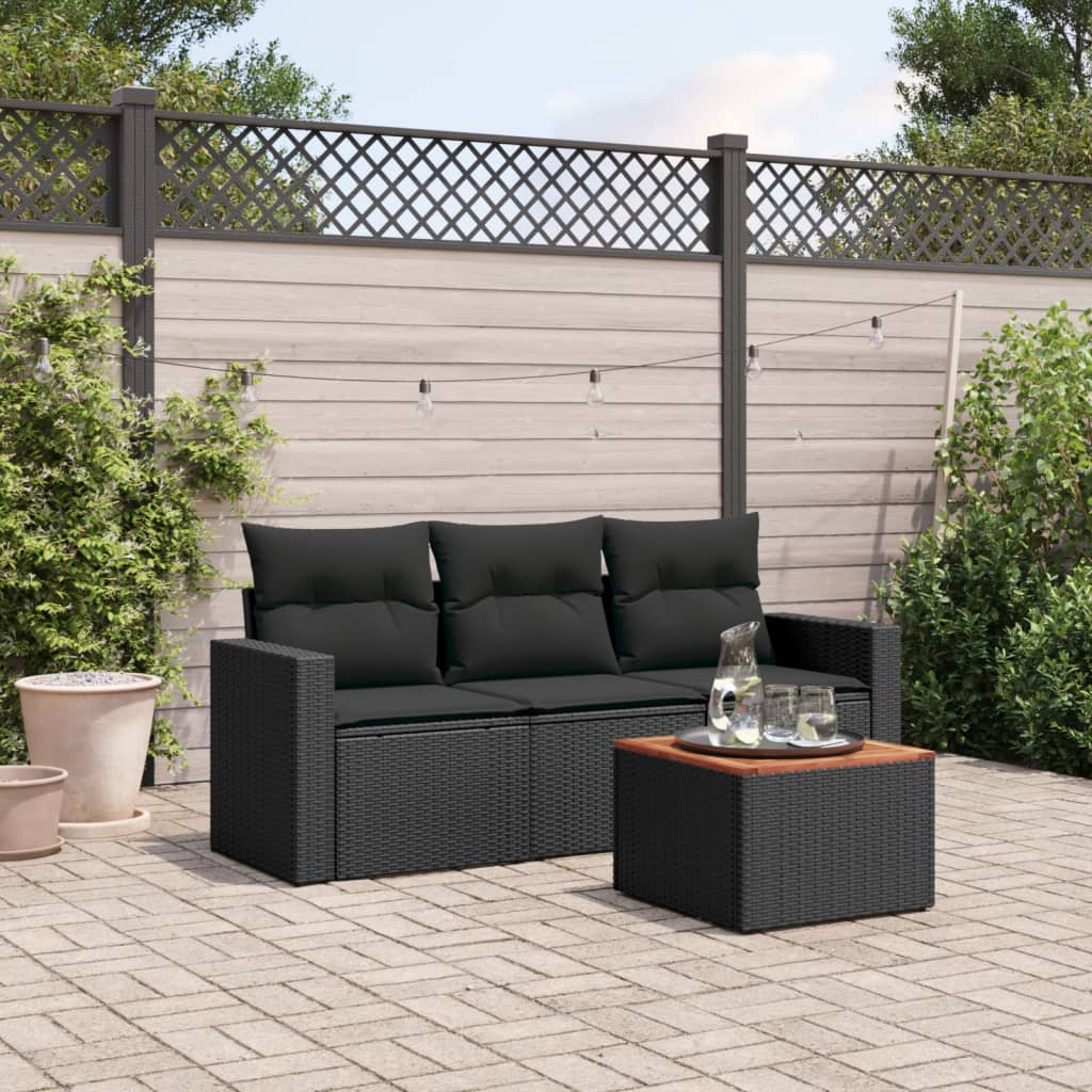 vidaXL 4-tlg. Garten-Sofagarnitur mit Kissen Schwarz Poly Rattan