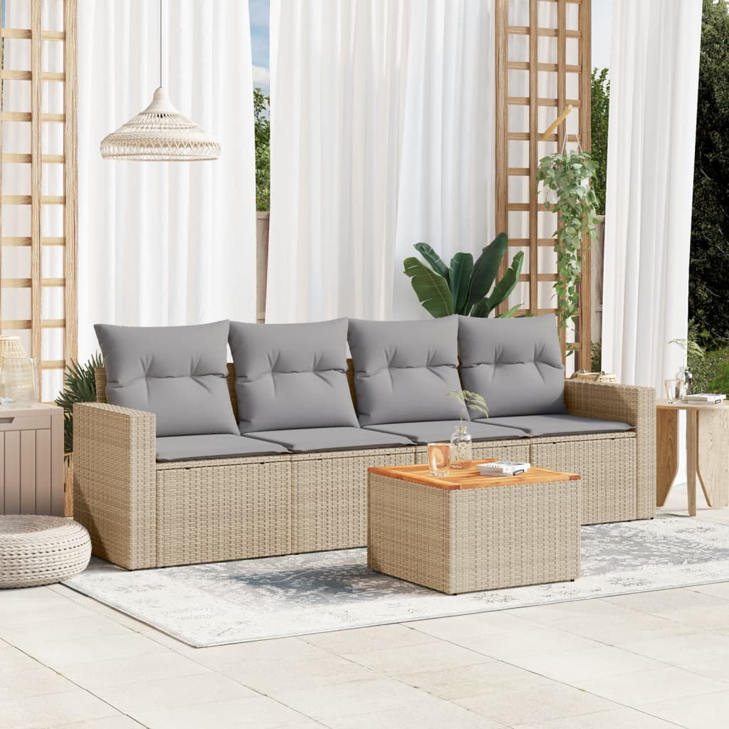 5-tlg. Garten-Sofagarnitur mit Kissen Beige Poly Rattan