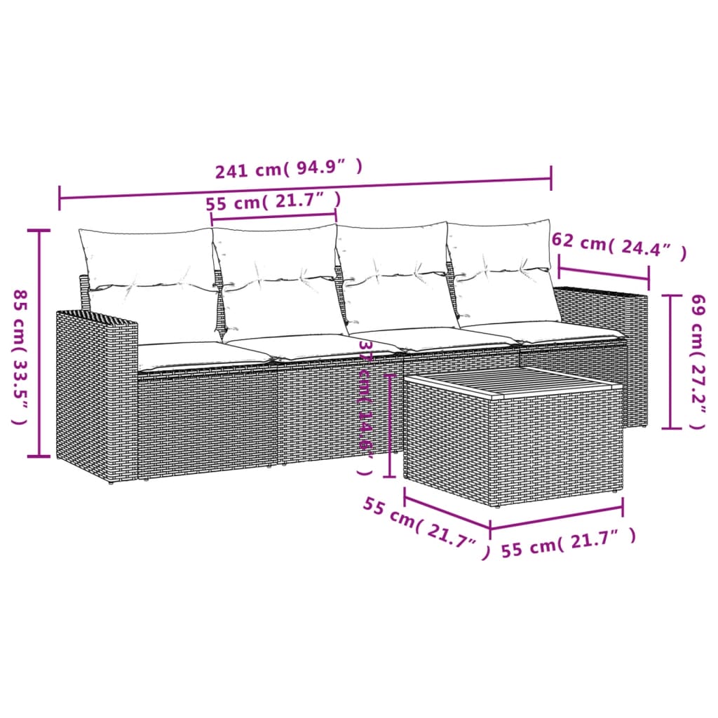 vidaXL 5-delige Loungeset met kussens poly rattan grijs afbeelding