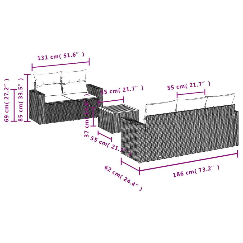 vidaXL 6-delige Loungeset met kussens poly rattan zwart afbeelding
