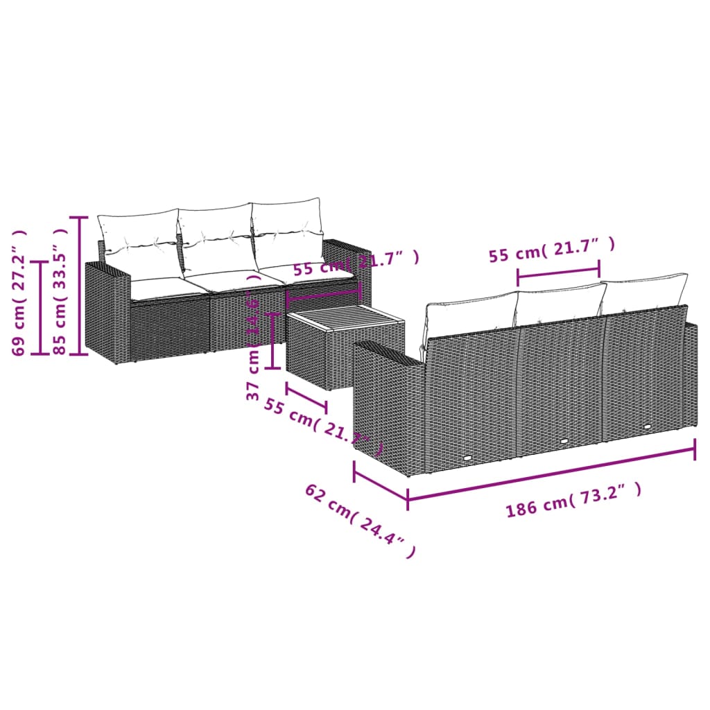 vidaXL 7-delige Loungeset met kussens poly rattan zwart afbeelding