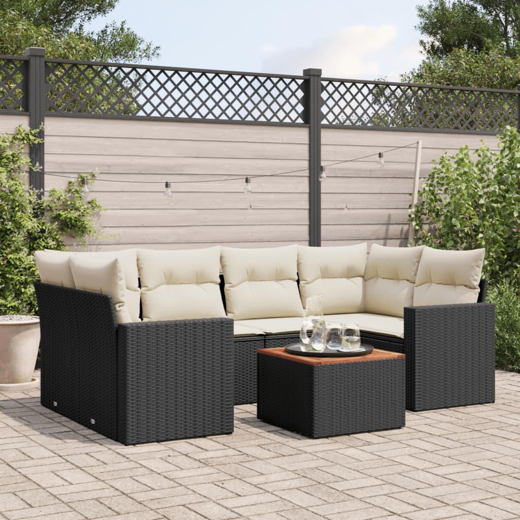 vidaXL 7-tlg. Garten-Sofagarnitur mit Kissen Schwarz Poly Rattan