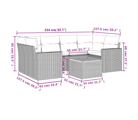 vidaXL 7-tlg. Garten-Sofagarnitur mit Kissen Beige Poly Rattan