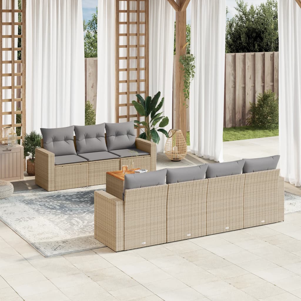 vidaXL 8-tlg. Garten-Sofagarnitur mit Kissen Beige Poly Rattan