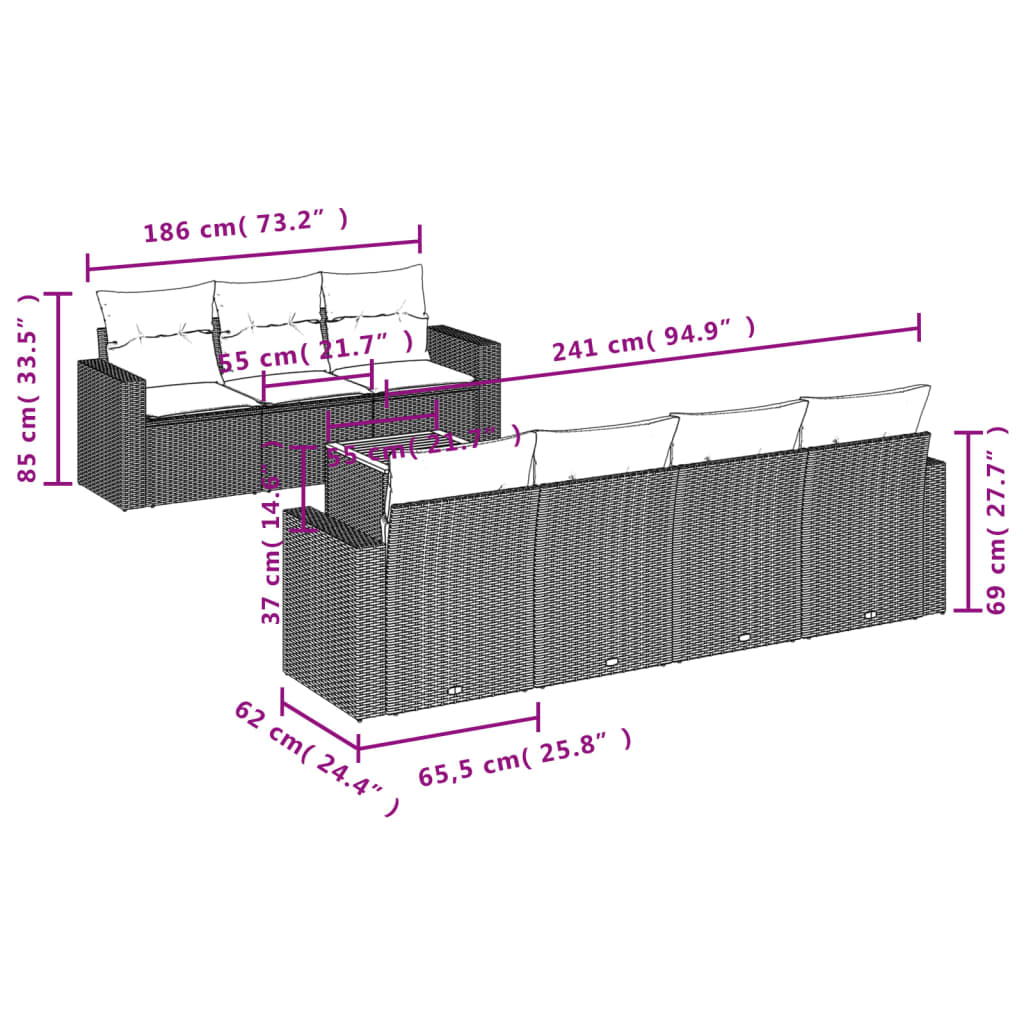 Set canapele de grădină cu perne, 8 piese, gri, poliratan 3224030 - imagine 3