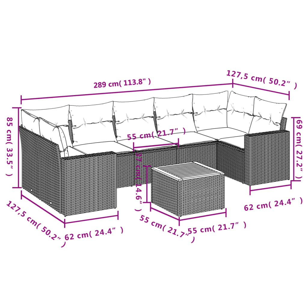 Set mobilier de grădină cu perne, 8 piese, negru, poliratan - imagine 3