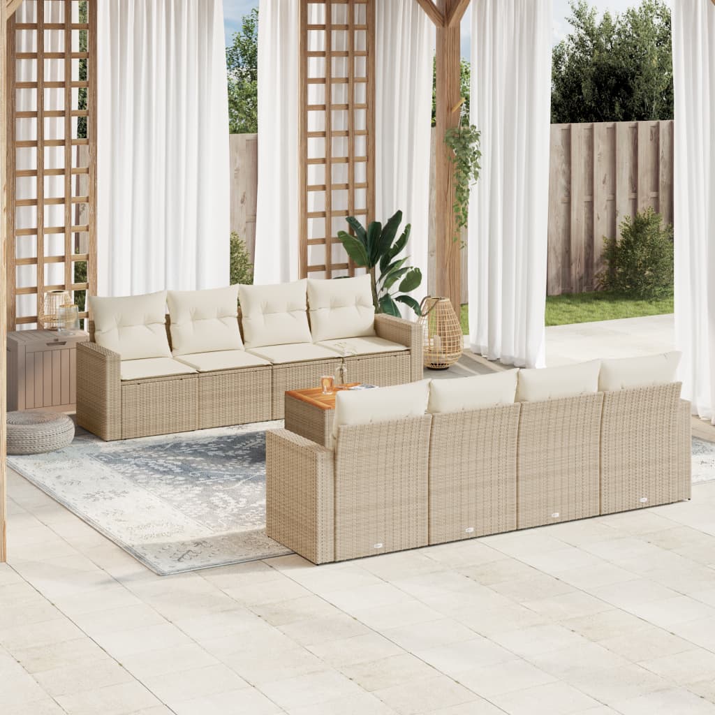 vidaXL 9-tlg. Garten-Sofagarnitur mit Kissen Beige Poly Rattan