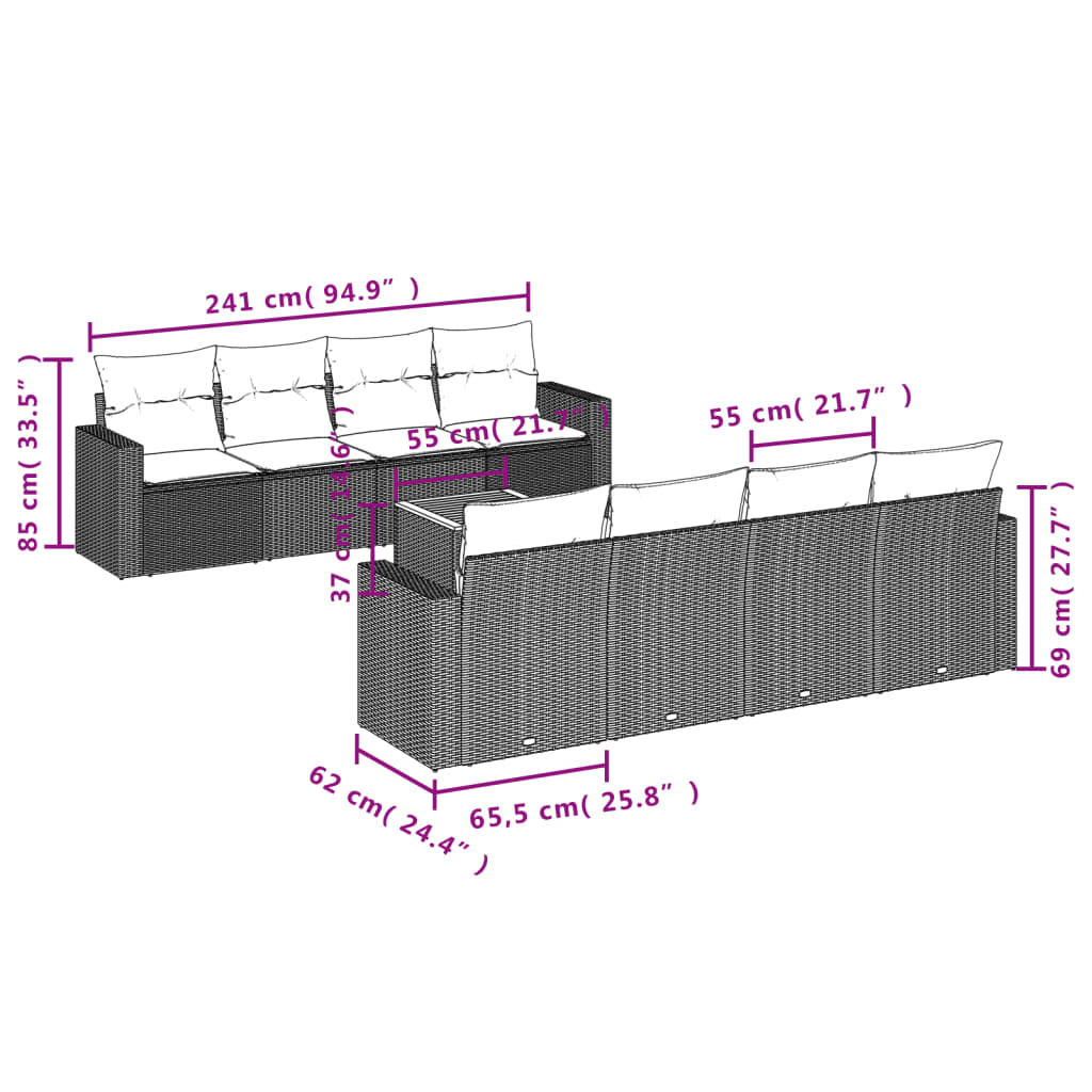 Set canapele de grădină, 9 piese, cu perne, gri, poliratan 3224044 - imagine 3