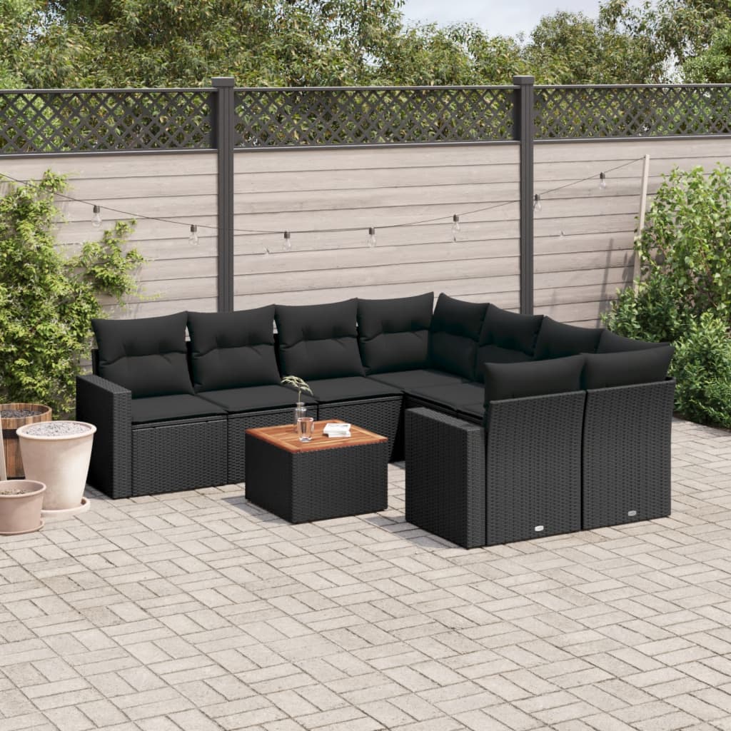 vidaXL 9-tlg. Garten-Sofagarnitur mit Kissen Schwarz Poly Rattan