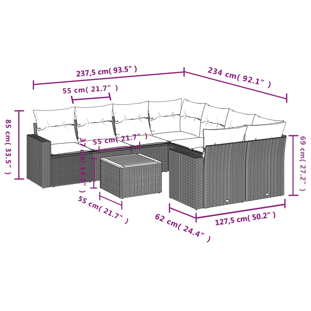 Set mobilier de grădină cu perne, 9 piese, negru, poliratan 3224047 - imagine 3