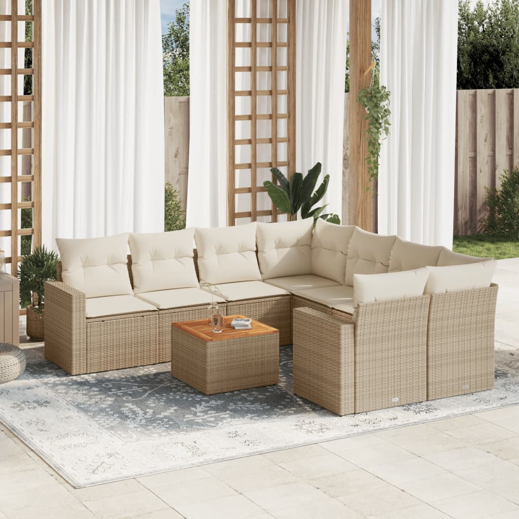 vidaXL 9-tlg. Garten-Sofagarnitur mit Kissen Beige Poly Rattan