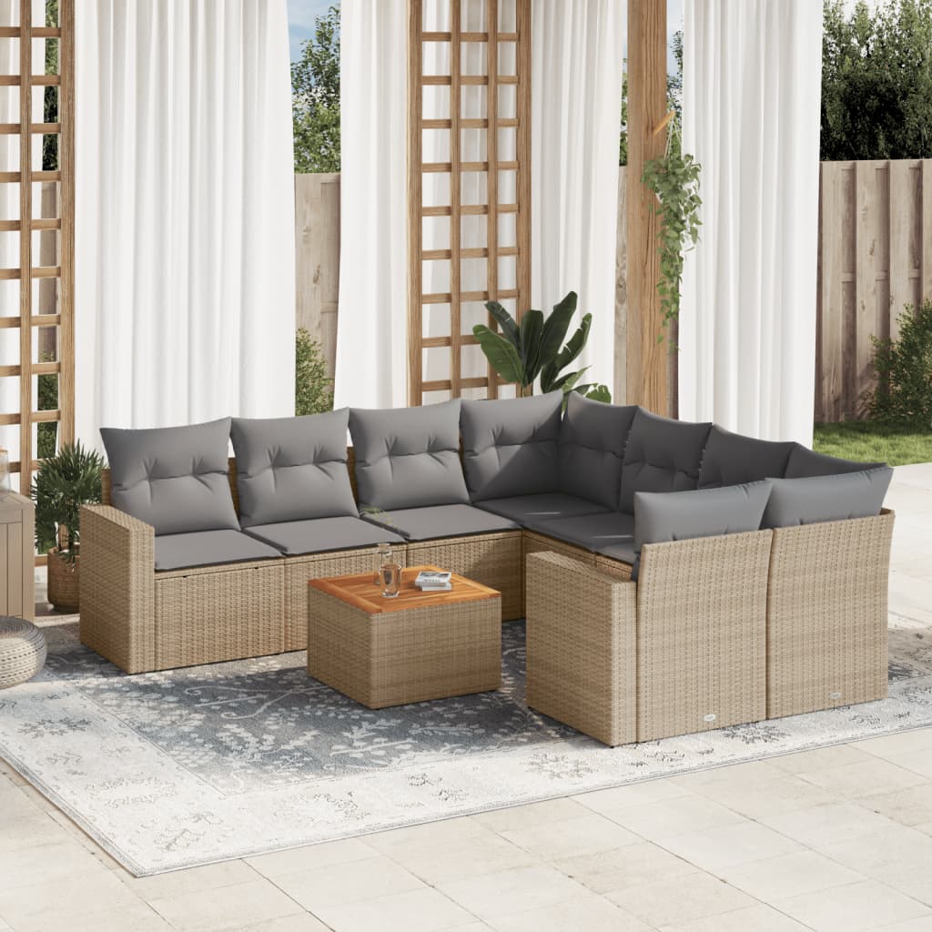 vidaXL 9-tlg. Garten-Sofagarnitur mit Kissen Beige Poly Rattan