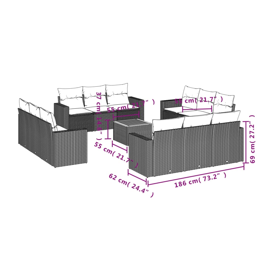 vidaXL 13-delige Loungeset met kussens poly rattan beige