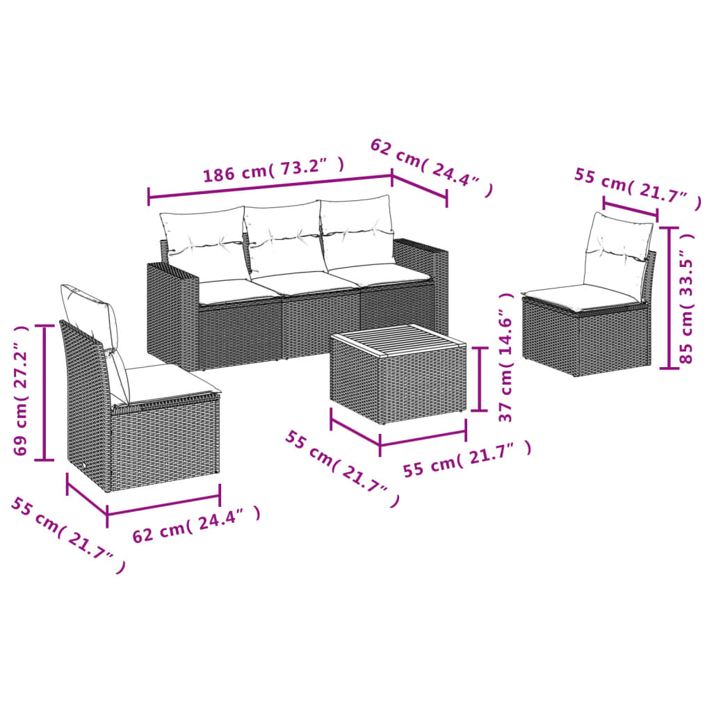 vidaXL 6-delige Loungeset met kussens poly rattan zwart afbeelding