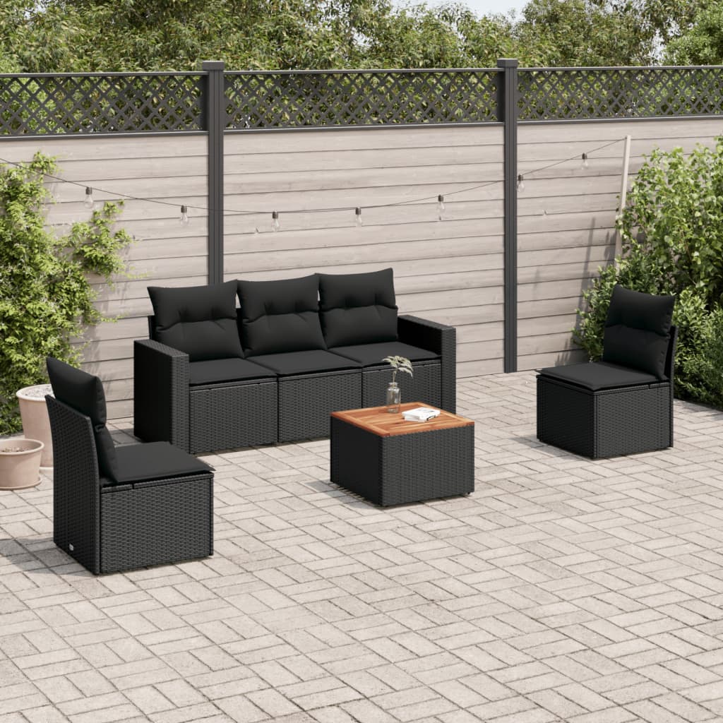 vidaXL 6-tlg. Garten-Sofagarnitur mit Kissen Schwarz Poly Rattan