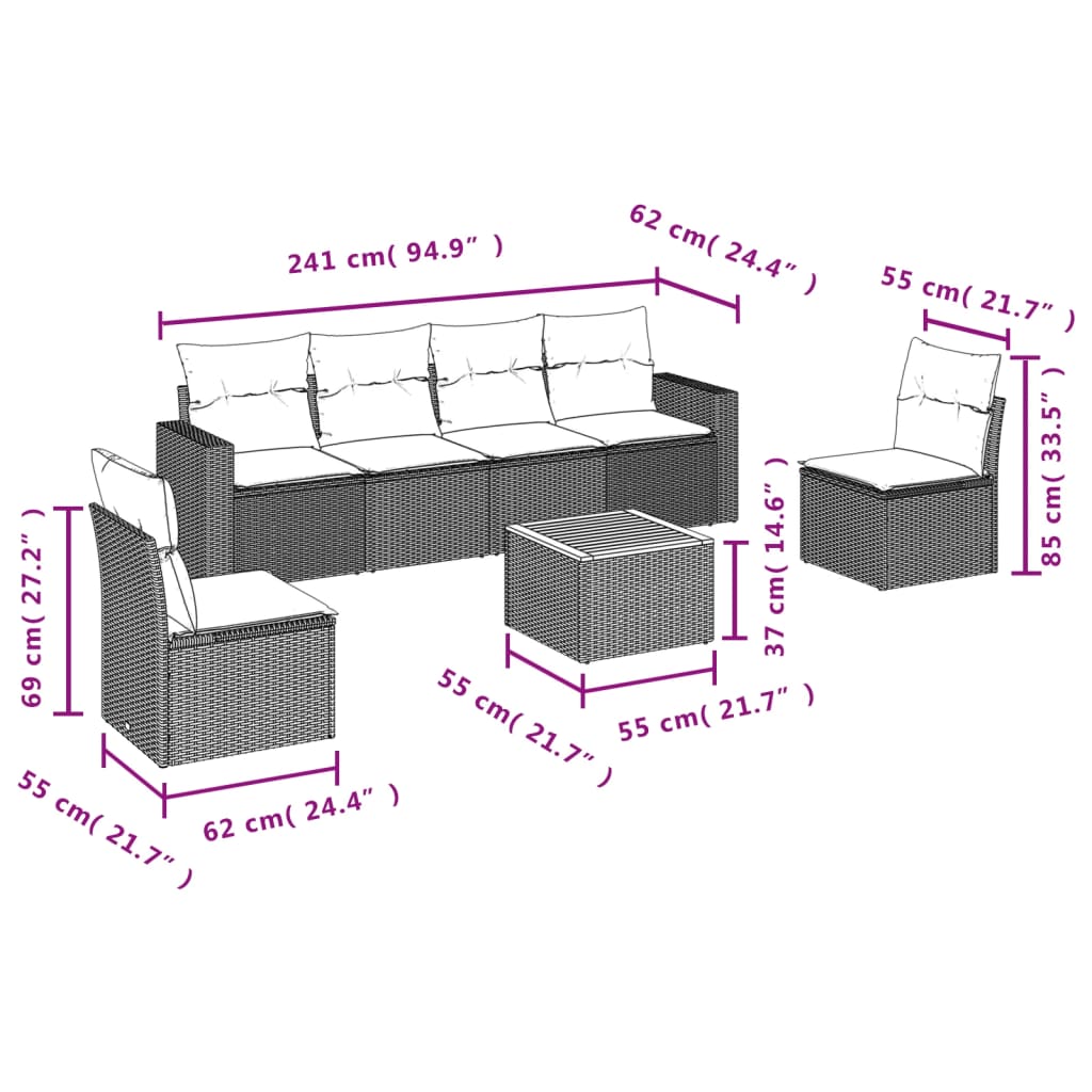 vidaXL 7-delige Loungeset met kussens poly rattan zwart afbeelding