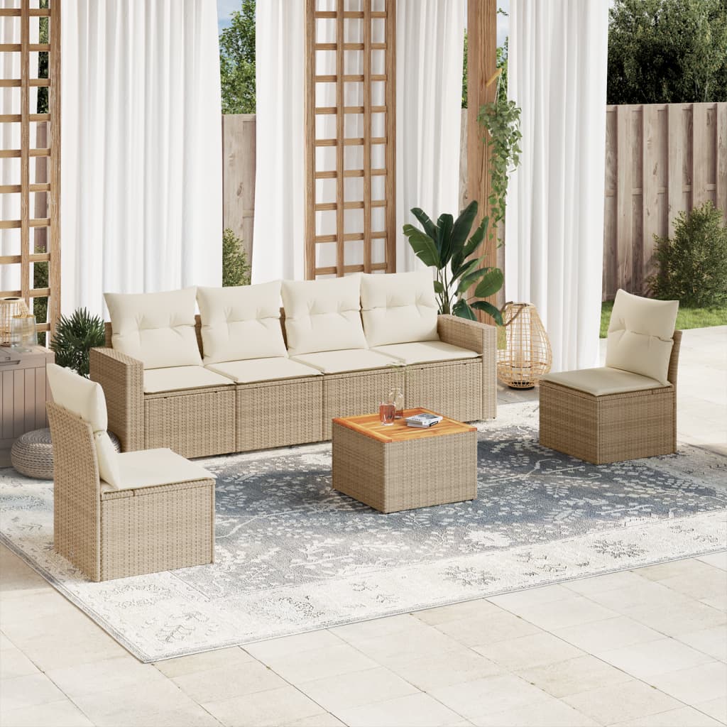 vidaXL 7-tlg. Garten-Sofagarnitur mit Kissen Beige Poly Rattan