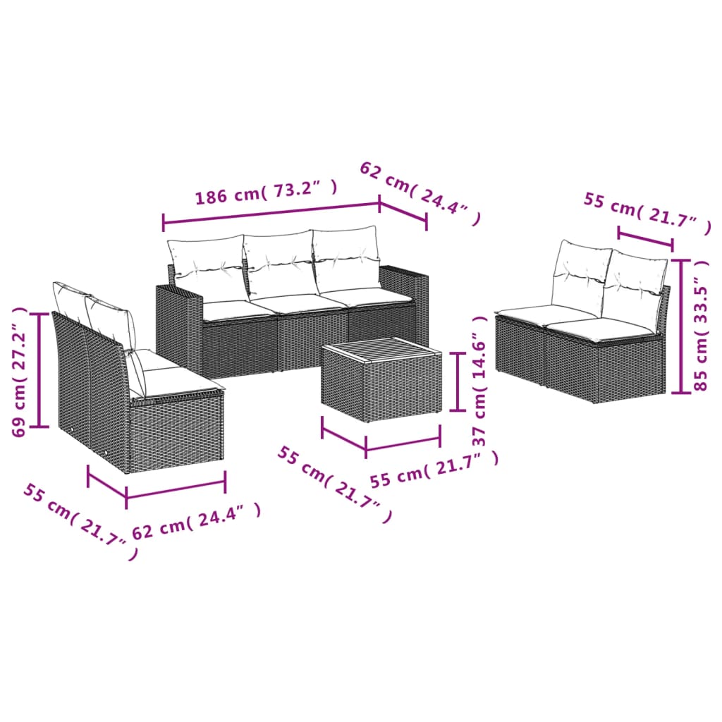 Set mobilier de grădină cu perne, 8 piese, negru, poliratan 3224074 - imagine 3