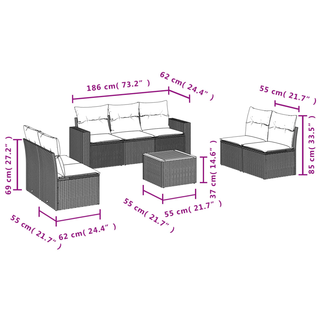 Set mobilier de grădină cu perne, 8 piese, negru, poliratan 3224075 - imagine 3