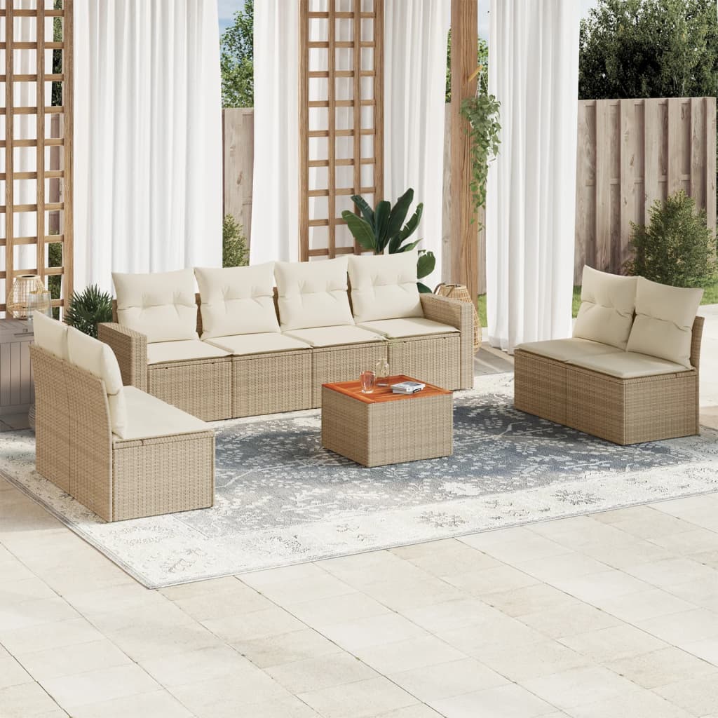 vidaXL 9-tlg. Garten-Sofagarnitur mit Kissen Beige Poly Rattan