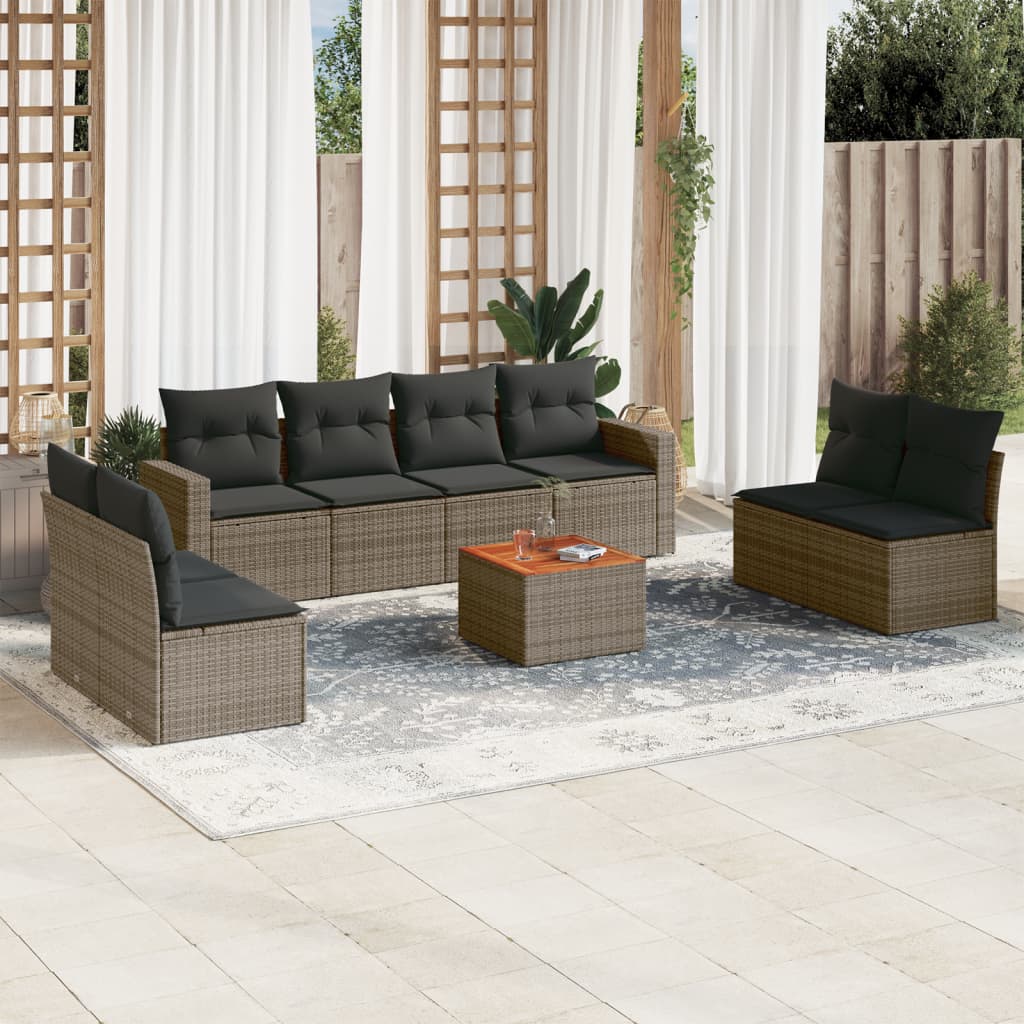 9-tlg. Garten-Sofagarnitur mit Kissen Grau Poly Rattan