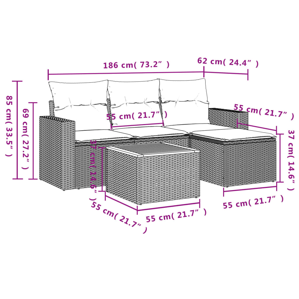 vidaXL 5-delige Loungeset met kussens poly rattan grijs afbeelding