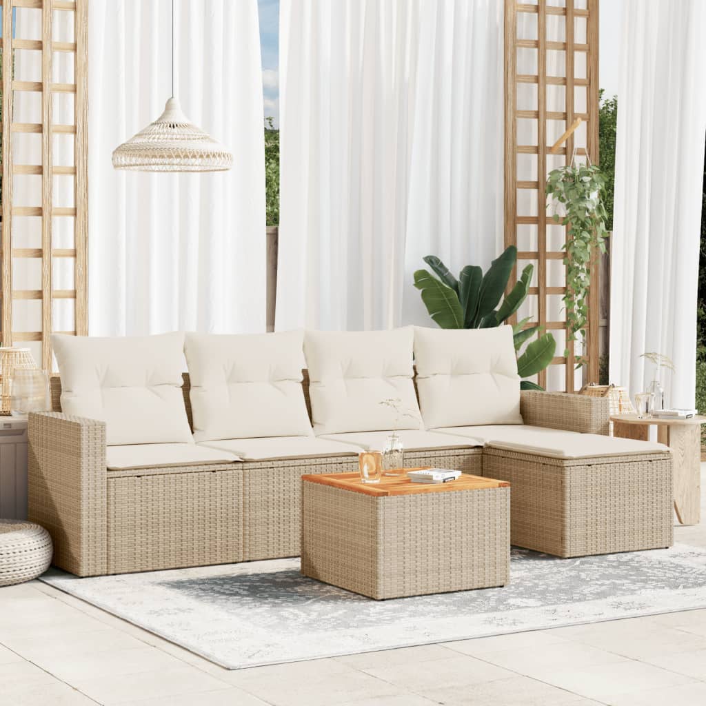 6-tlg. Garten-Sofagarnitur mit Kissen Beige Poly Rattan