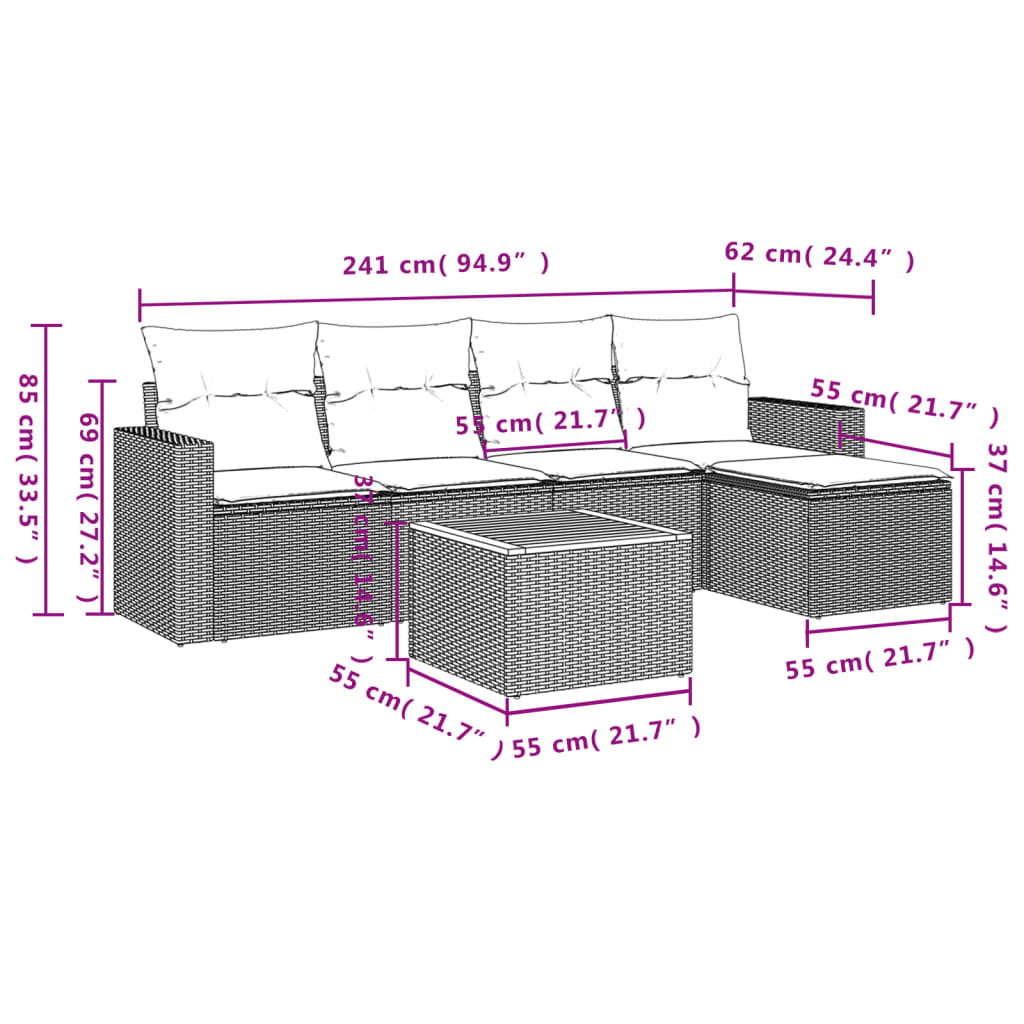 Set mobilier grădină cu perne, 6 piese, gri, poliratan 3224100 - imagine 3