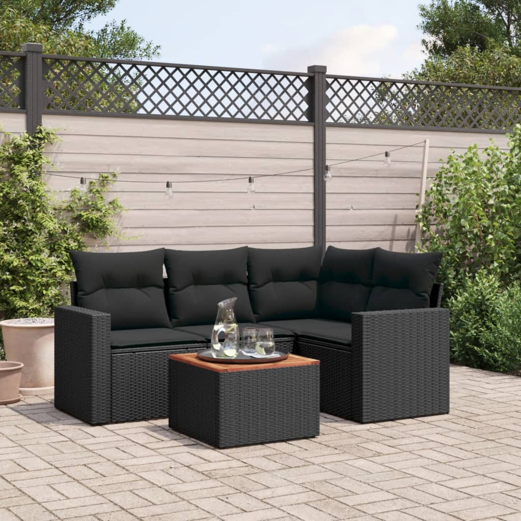 vidaXL 5-tlg. Garten-Sofagarnitur mit Kissen Schwarz Poly Rattan