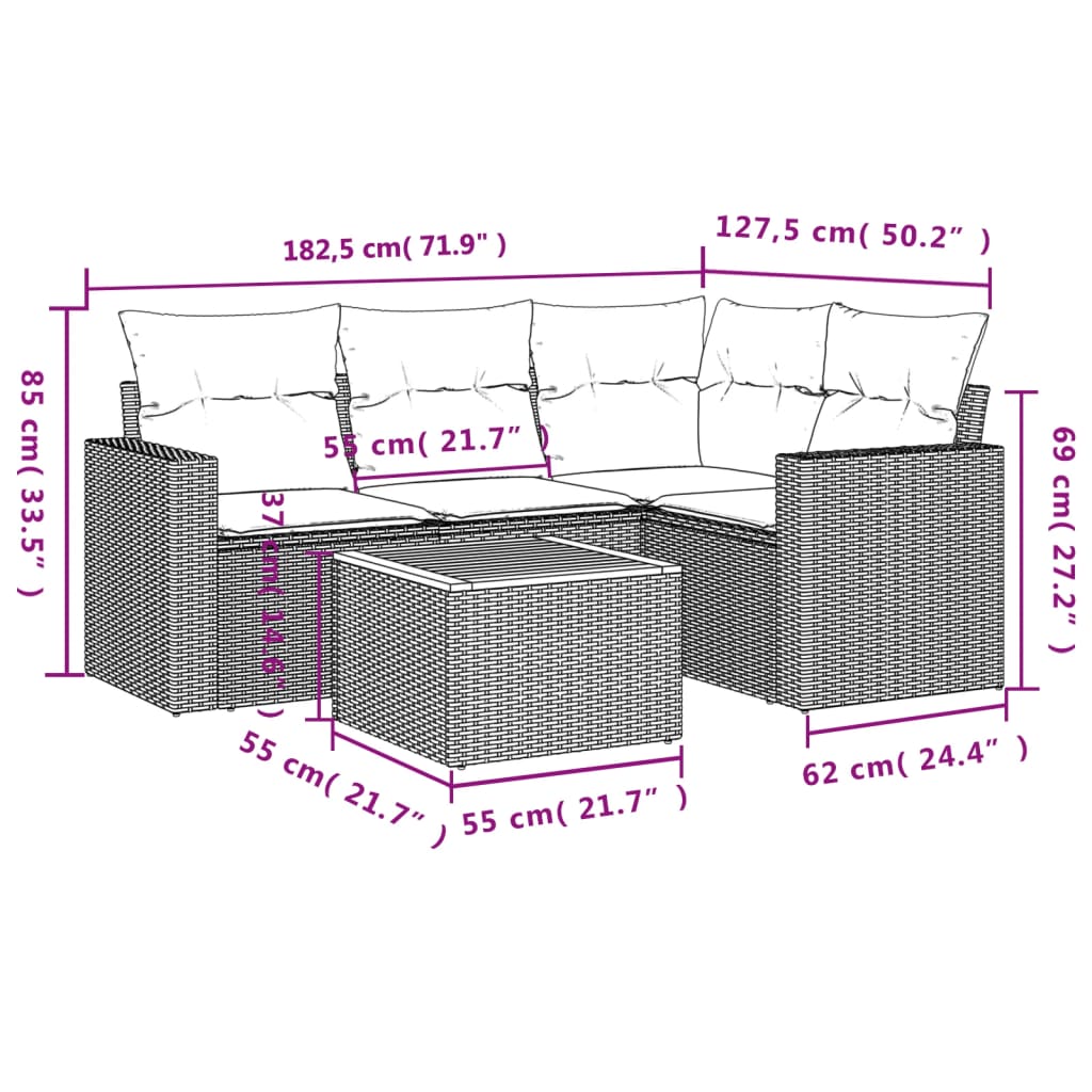 vidaXL 5-delige Loungeset met kussens poly rattan grijs afbeelding