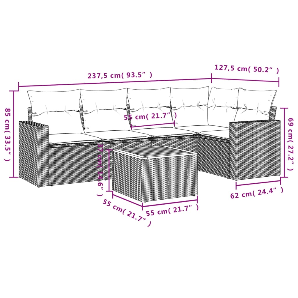 vidaXL 6-delige Loungeset met kussens poly rattan beige afbeelding