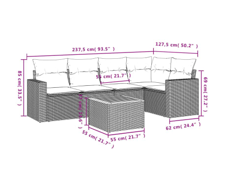 vidaXL 6-tlg. Garten-Sofagarnitur mit Kissen Beige Poly Rattan