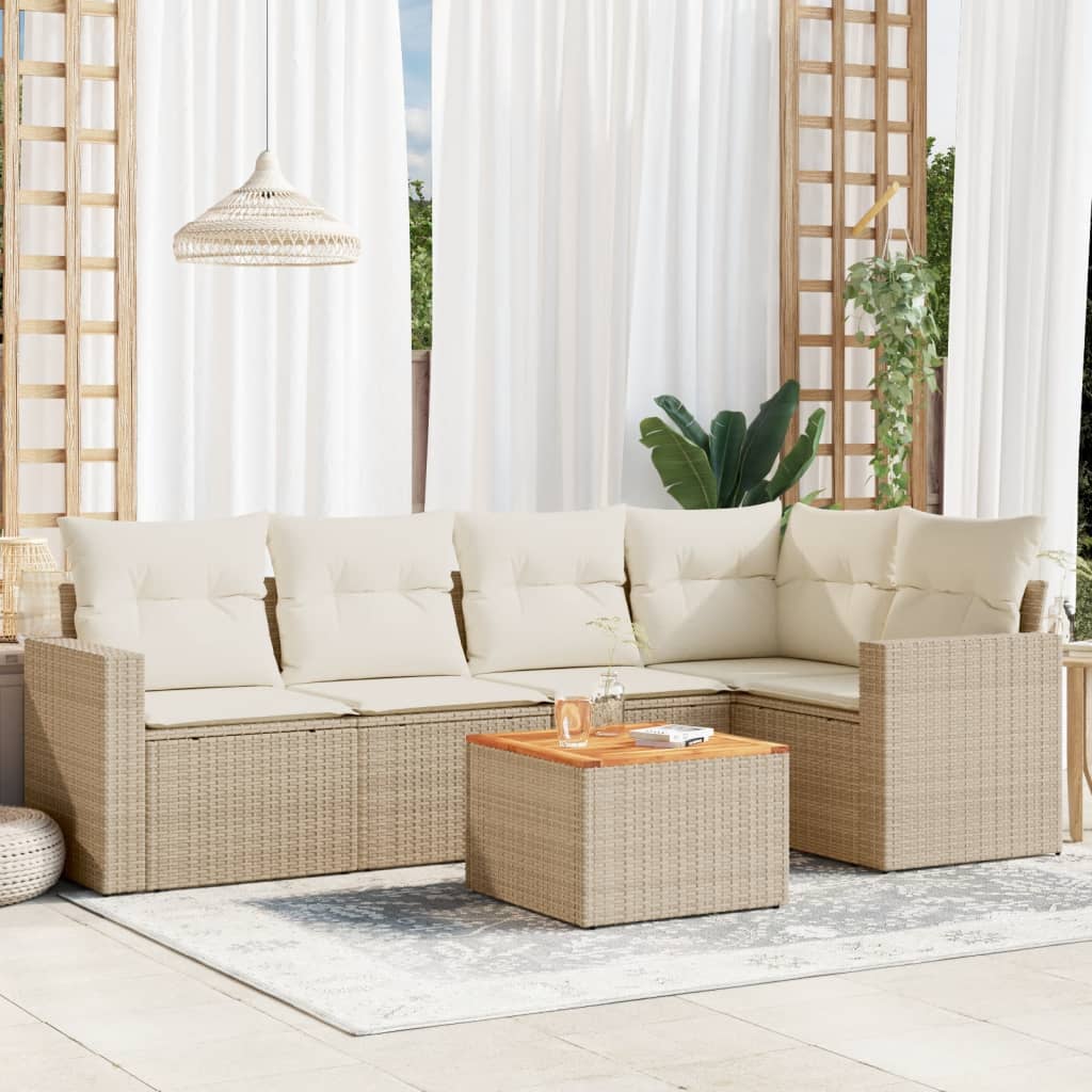 vidaXL 6-tlg. Garten-Sofagarnitur mit Kissen Beige Poly Rattan