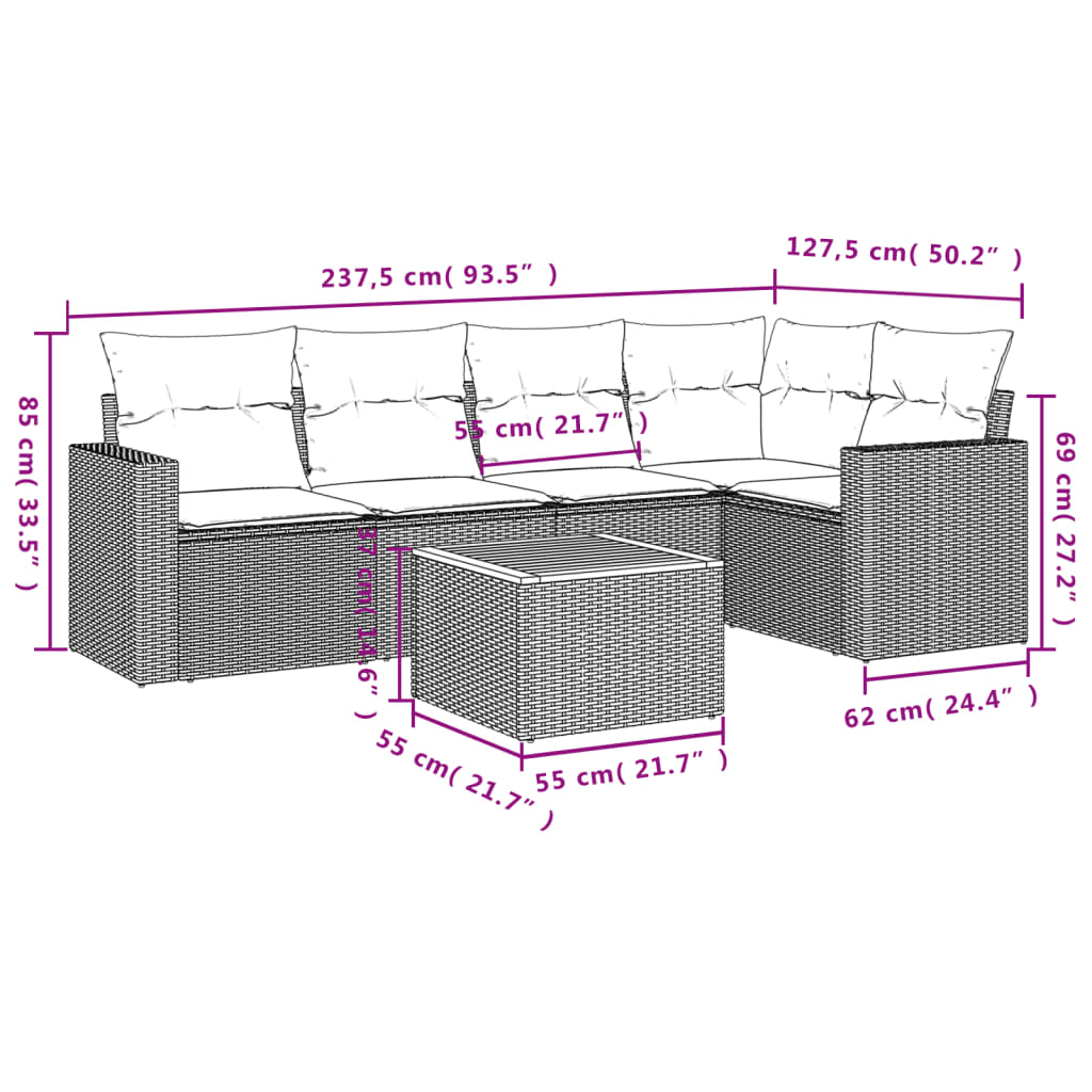 vidaXL 6-delige Loungeset met kussens poly rattan grijs afbeelding
