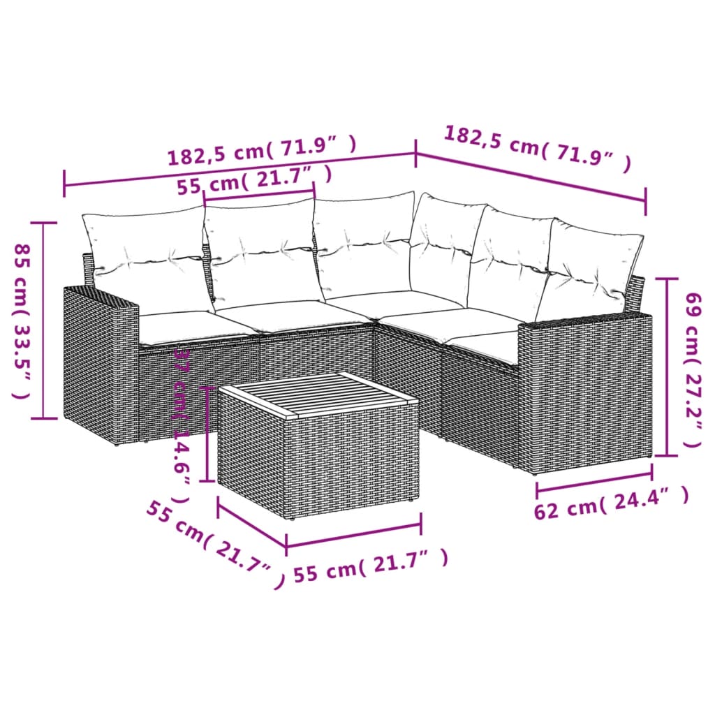 Set mobilier de grădină cu perne, 6 piese, negru, poliratan 3224116 - imagine 3