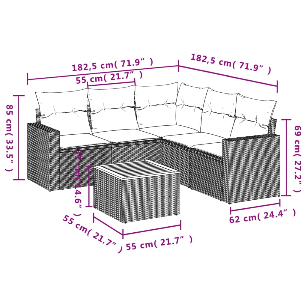 vidaXL 6-delige Loungeset met kussens poly rattan beige afbeelding