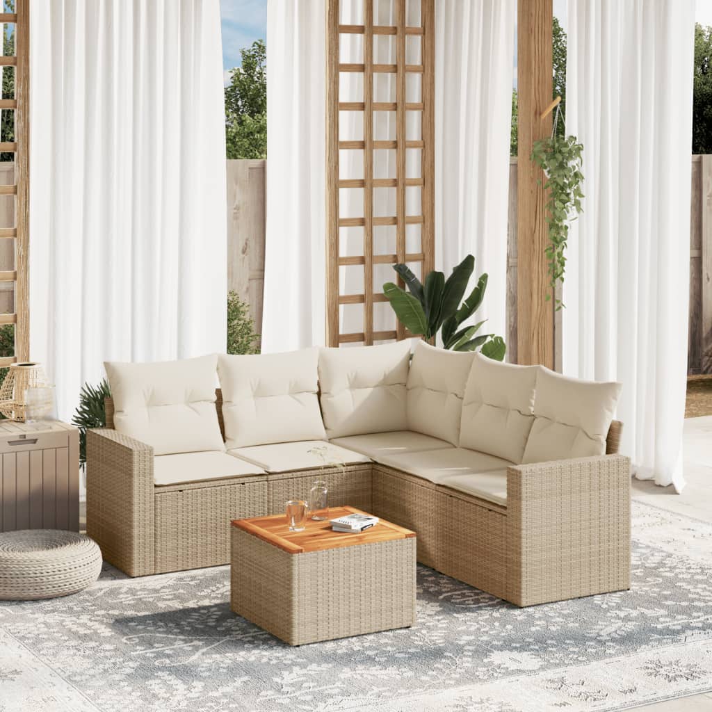 vidaXL 6-tlg. Garten-Sofagarnitur mit Kissen Beige Poly Rattan