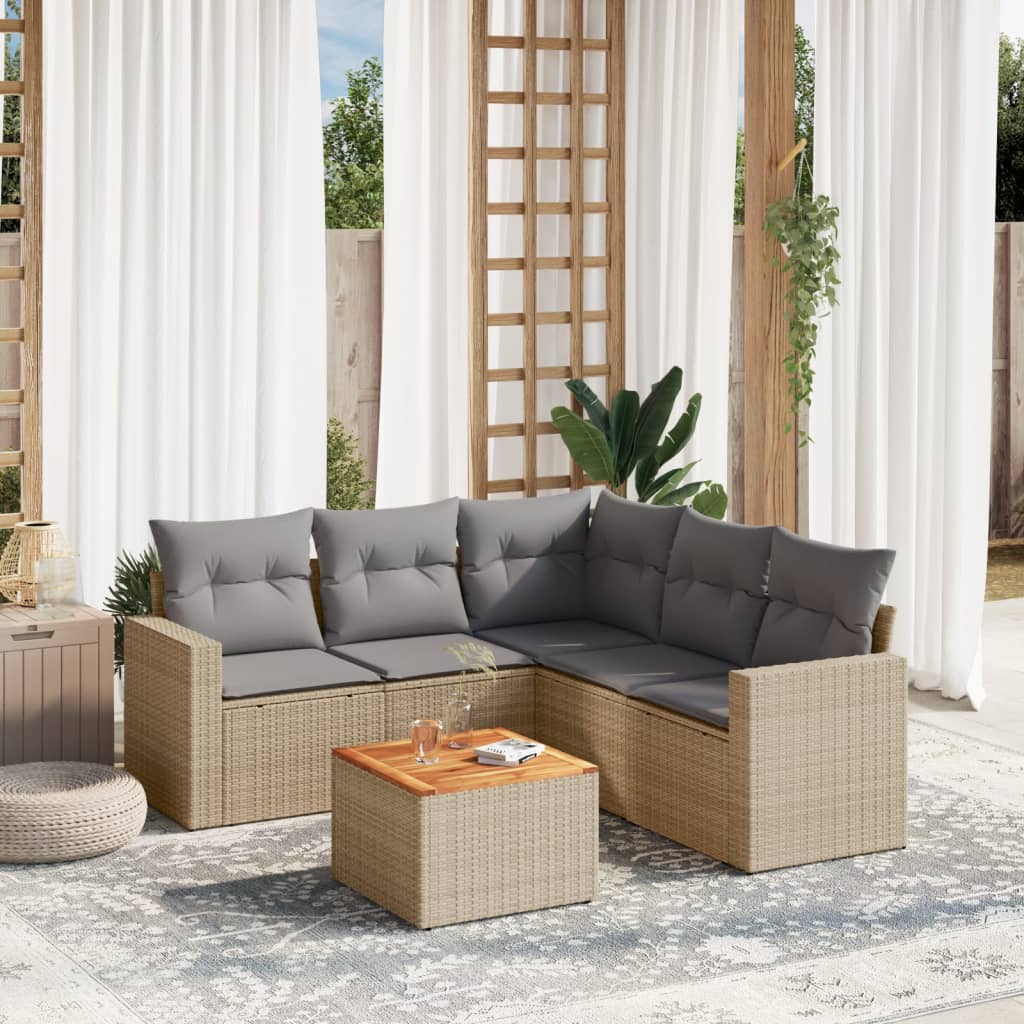 vidaXL 6-tlg. Garten-Sofagarnitur mit Kissen Beige Poly Rattan