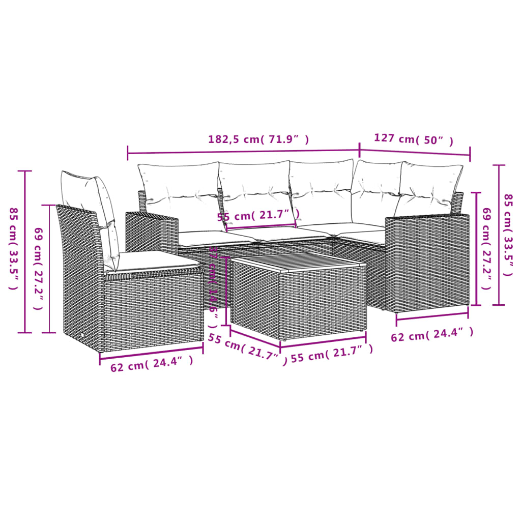 vidaXL 6-delige Loungeset met kussens poly rattan beige afbeelding