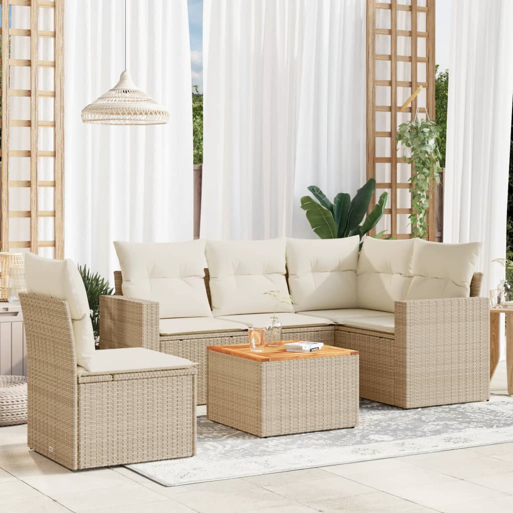 6-tlg. Garten-Sofagarnitur mit Kissen Beige Poly Rattan