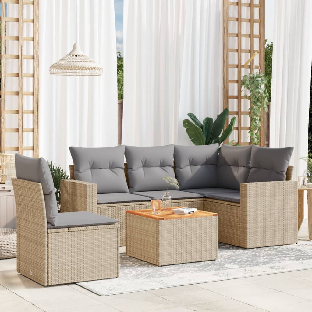 vidaXL 6-tlg. Garten-Sofagarnitur mit Kissen Beige Poly Rattan